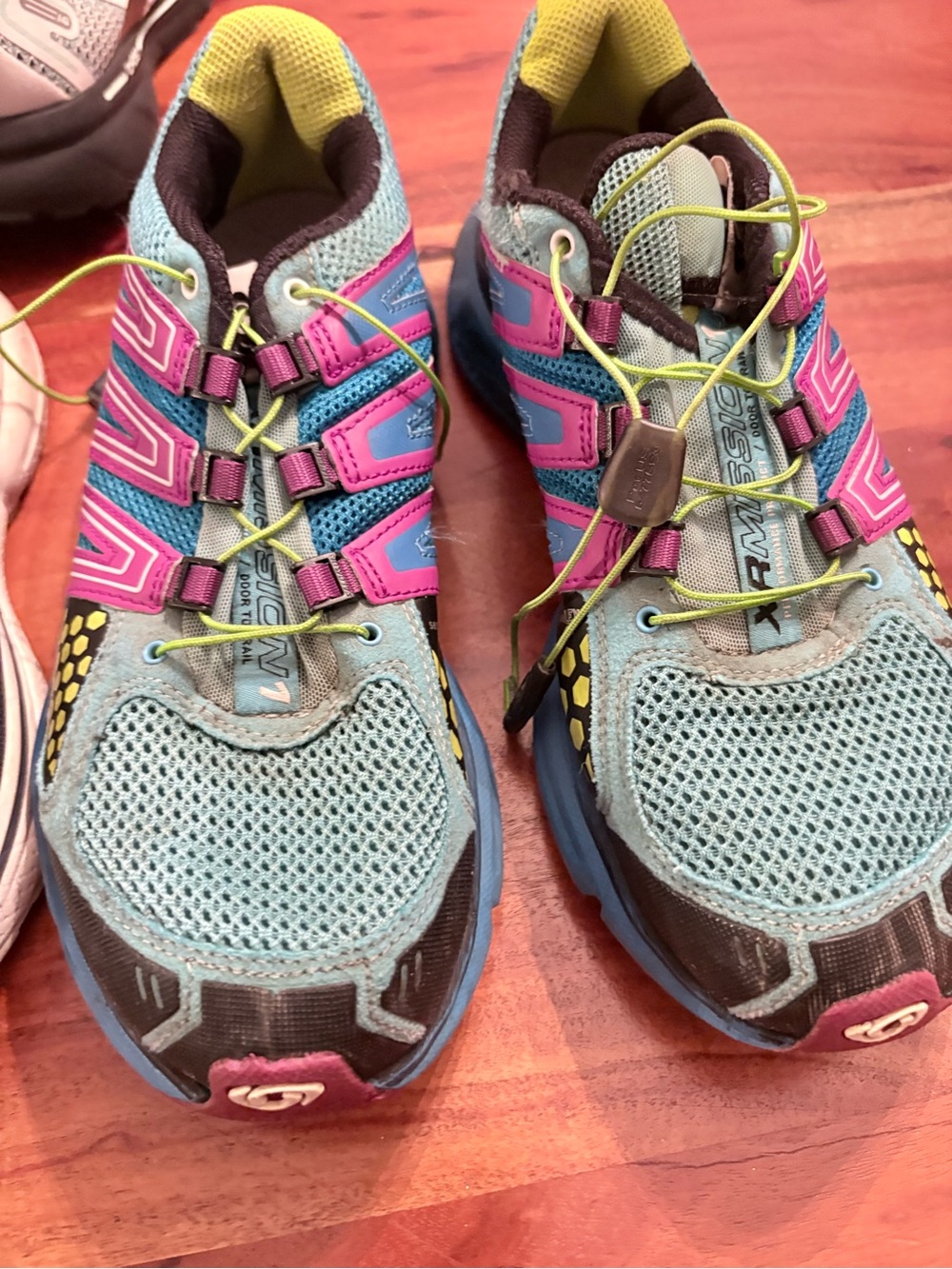 Salomon  Light Blue Pink Trail Sneakers with Lime Accents